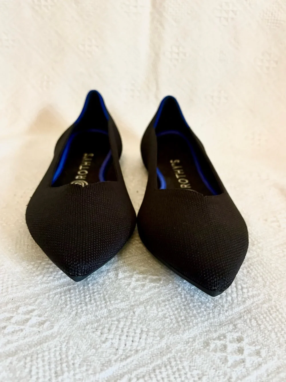 Rothy's Black The Point Knit Flats with Blue Trim sz 10